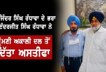 ਸੁਖਜਿੰਦਰ ਸਿੰਘ ਰੰਧਾਵਾ ਦੇ ਭਰਾ ਇੰਦਰਜੀਤ ਸਿੰਘ ਰੰਧਾਵਾ ਨੇ ਸ਼੍ਰੋਮਣੀ ਅਕਾਲੀ ਦਲ ਤੋਂ ਦਿੱਤਾ ਅਸਤੀਫਾ
