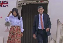 ਜੀ-20 ਸੰਮੇਲਨ ਲਈ ਪਤਨੀ ਨਾਲ ਦਿੱਲੀ ਪਹੁੰਚੇ ਬ੍ਰਿਟਿਸ਼ ਪ੍ਰਧਾਨ ਮੰਤਰੀ ਰਿਸ਼ੀ ਸੁਨਕ