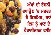 ਅੱਖਾਂ ਦੀ ਰੋਸ਼ਨੀ ਵਧਾਉਣ ‘ਚ ਮਦਦਗਾਰ ਹੈ ਕਿਸ਼ਮਿਸ਼, ਜਾਣੋ ਇਸ ਨੂੰ ਖਾਣ ਦੇ ਹੈਰਾਨੀਜਨਕ ਫਾਇਦੇ